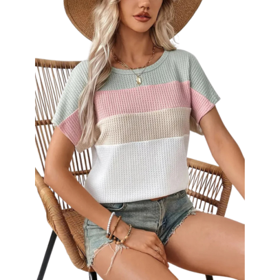 T-shirt | Farveblok & Droppet Skuldersøm | Sommerlig Cropmodel