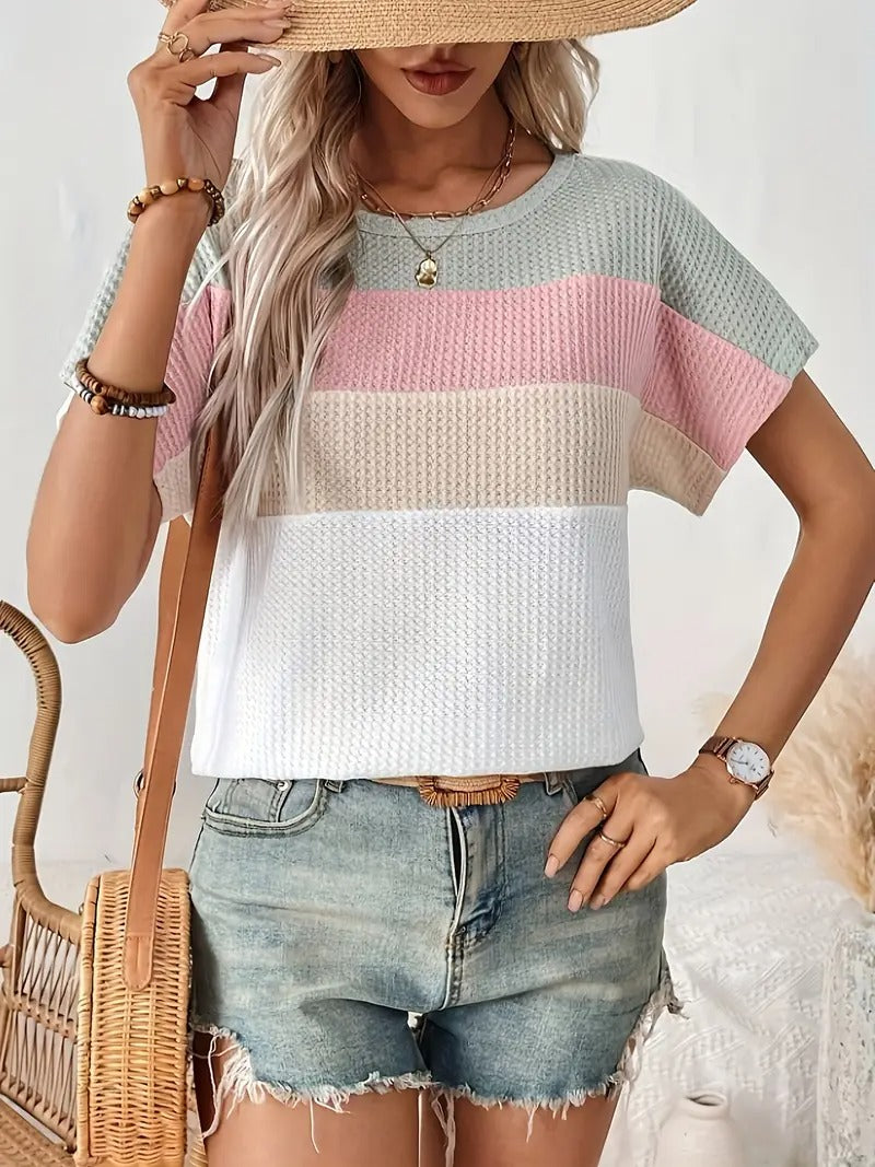 T-shirt | Farveblok & Droppet Skuldersøm | Sommerlig Cropmodel