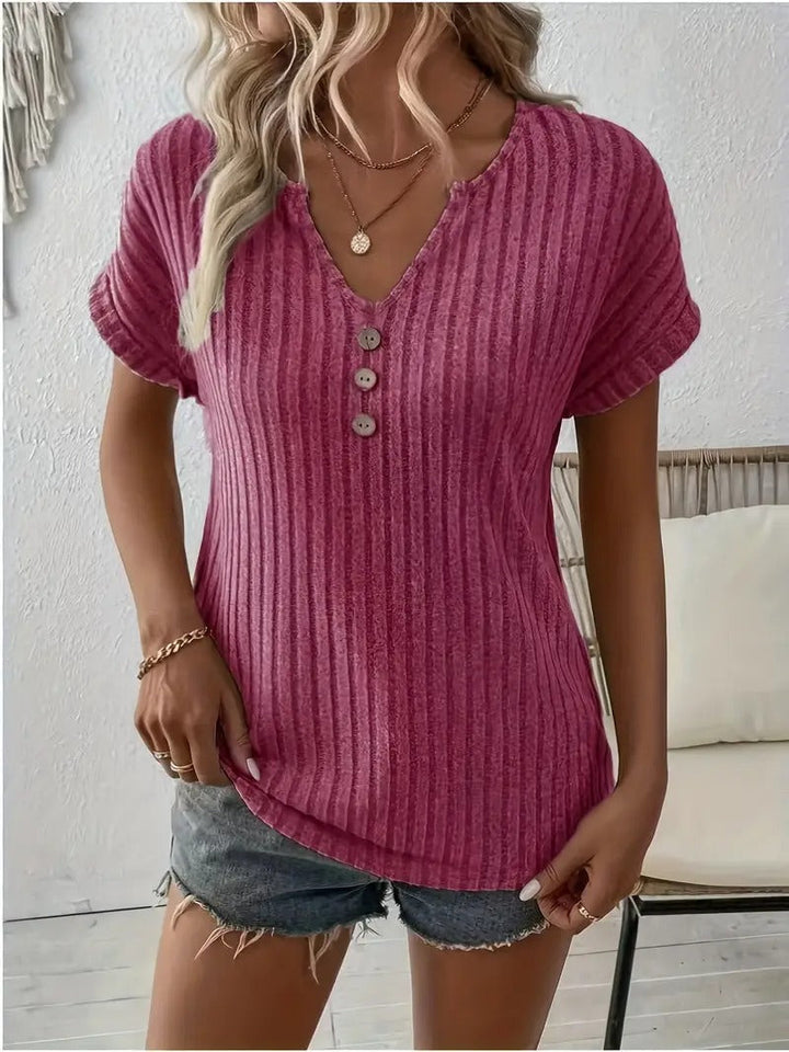 T-shirt | V-udskæring, Korte Ærmer & Stribet Mønster | Strikket Sommerstil